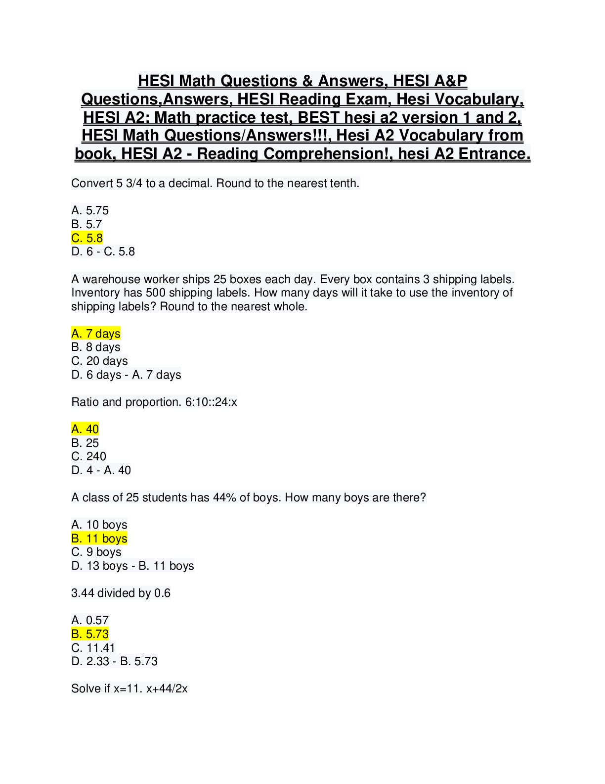 Preview image for HESI Math, A&P, Reading, Vocabulary, HESI A2 version 1 and 2  Entrance and Exit  | COMPILATION Q&A TEST BANK